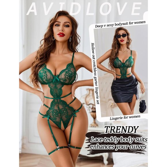 Sexy Women's V-Neck Lace Bodysuit with Adjustable Straps & Garter - Size Large - Picture 2 of 6